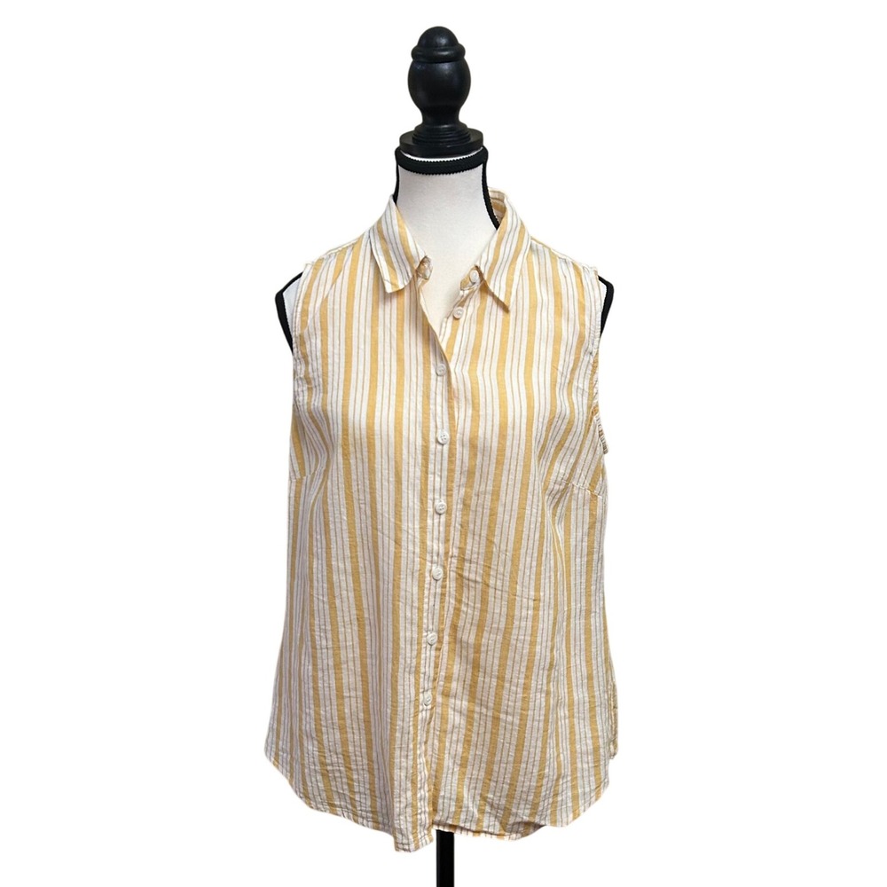 CREMIEUX Sleeveless Striped Button Up Shirt Medium Yellow White Linen Cotton